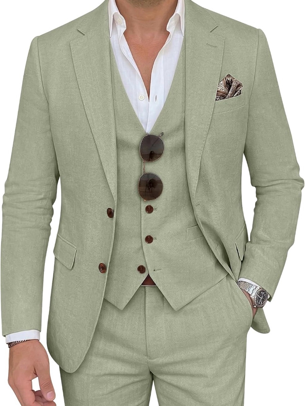 Men’s 3 Piece Linen Blend Suit Sage Green Slim Fit Wedding Prom Large Nwt